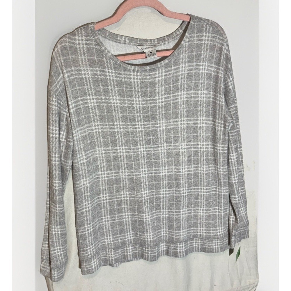 Liz Claiborne Women's Large Gray And White Plaid Soft Top M